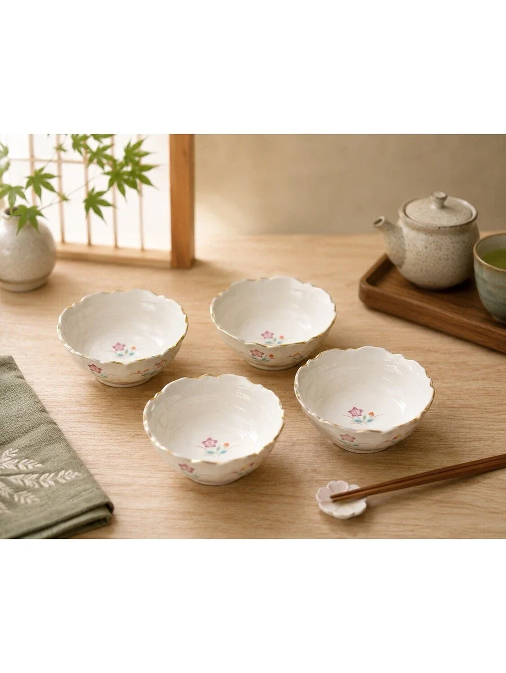 Nishiyama Kiln Arita Japan 1950s 4 Sauce Bowls Dishes Floral Porcelain, 3.5x1.5